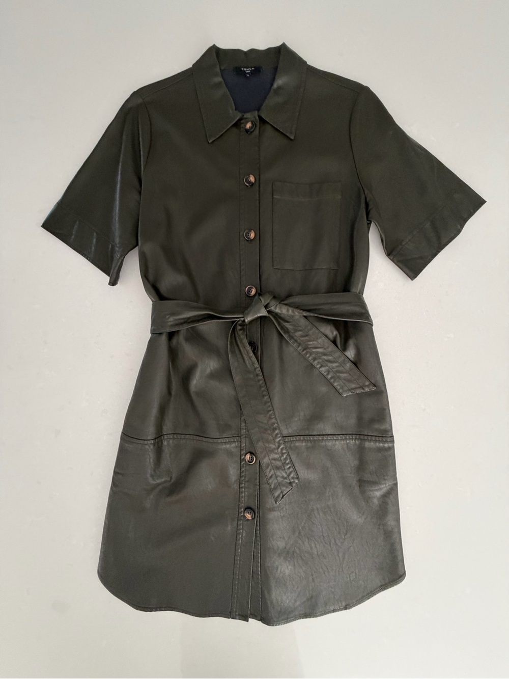 FRNCH Faux Leather Olive Green Button-Front Shirt Dress with Tie Belt